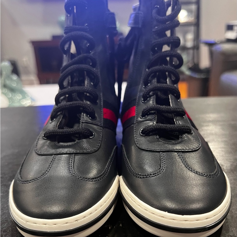 Gucci Kids Blue Leather Web Flag High-Top Sneaker Size 31